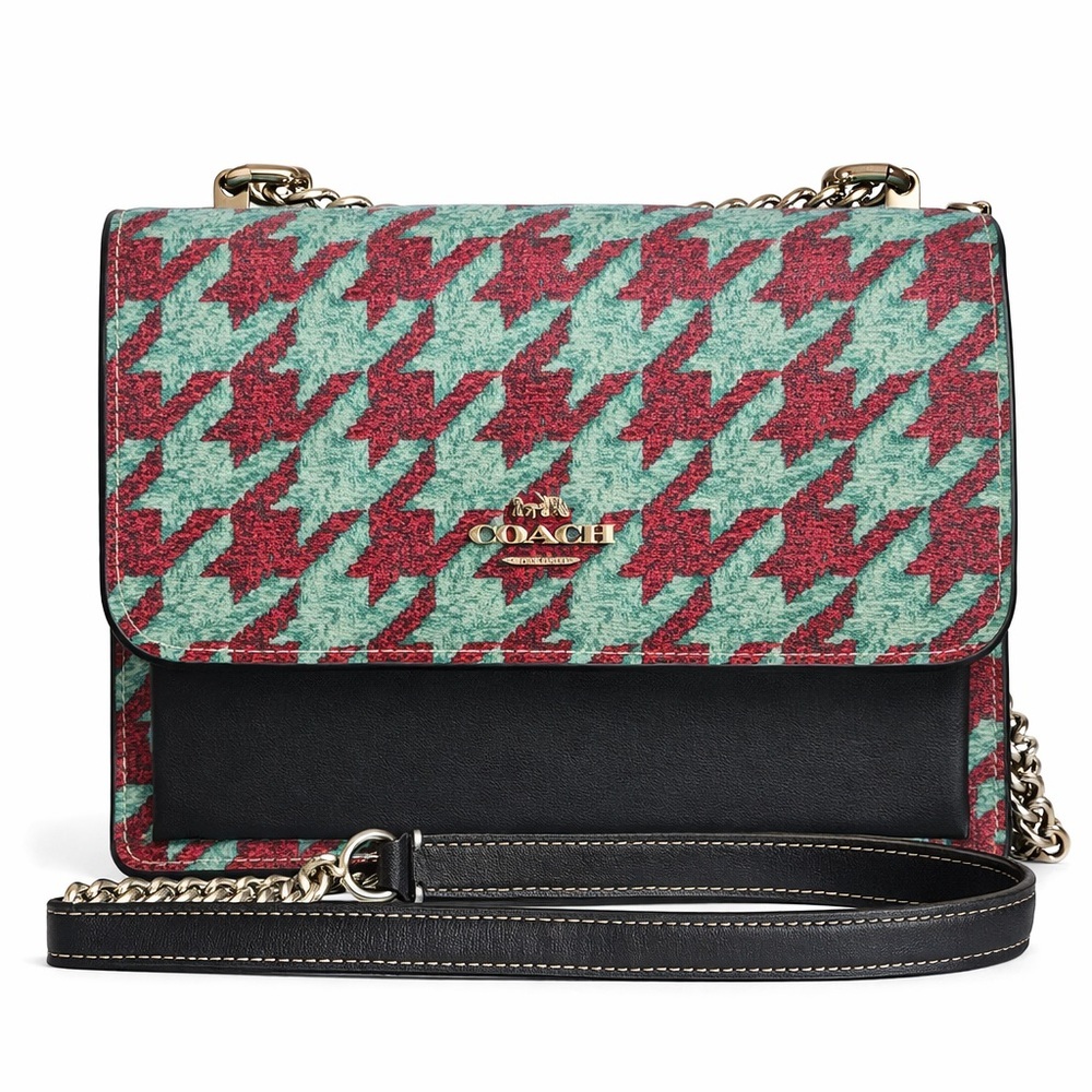 Coach Mini Klare Crossbody Teal/Wine Houndstooth Leather Chain Strap Purse - Picture 2 of 7